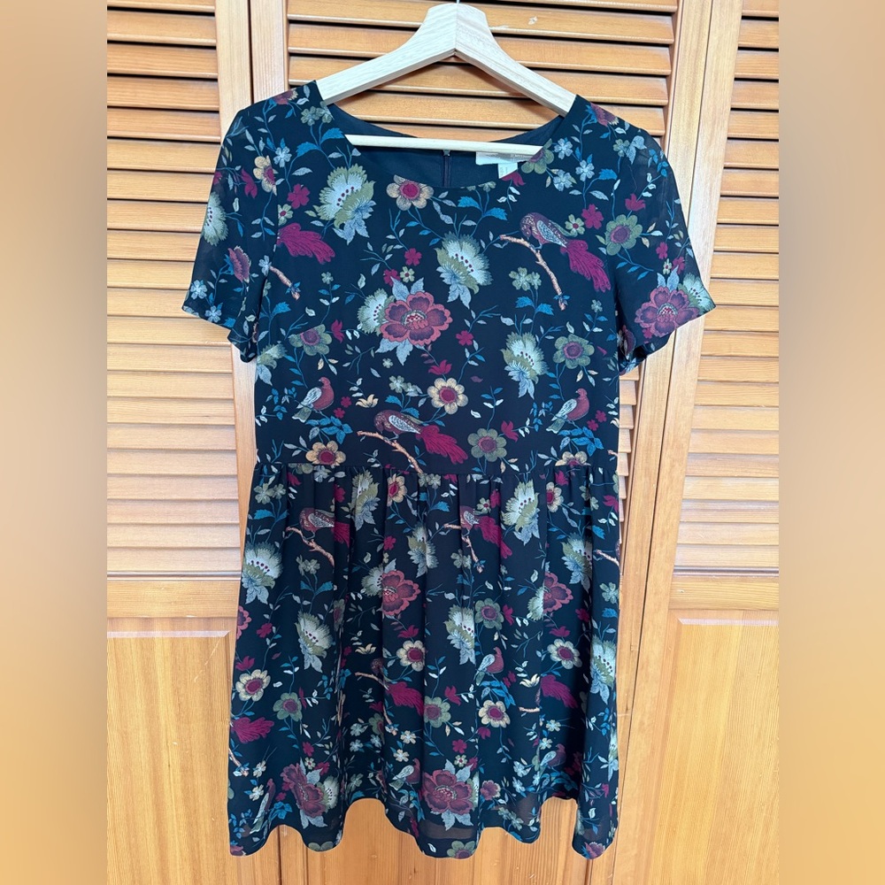 Floral and Bird Print Black Short Sleeve Dress